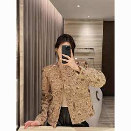 卡其色金色亮片小香风外套女2026春秋季新款高级感粗花呢百搭上衣