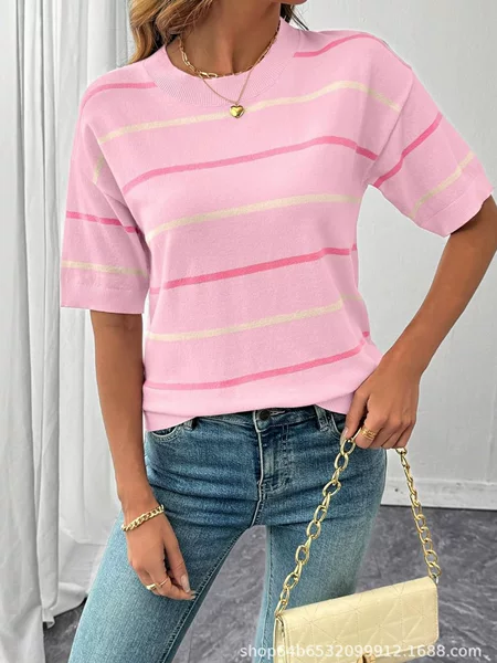 2026 Summer Amazon Hot-Selling New Casual Workwear Round-Neck Striped Color-Block Short-Sleeve European and American Style Knit Top for Women