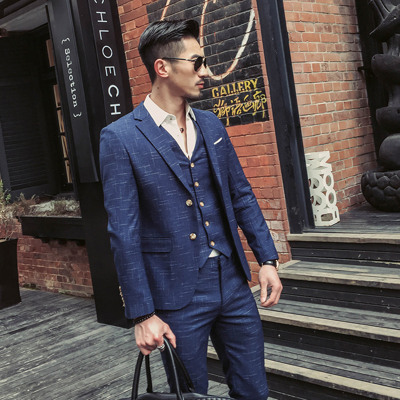 2023 Comercio exterior duro traje de los hombres traje de Arte Artístico tela delgada hombres doble hebilla traje de tres piezas XZ06