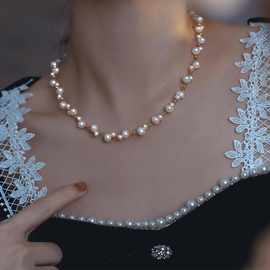 淡水珍珠小金珠交叉编织项链女复古法式时尚宫廷风简约钛钢锁骨链