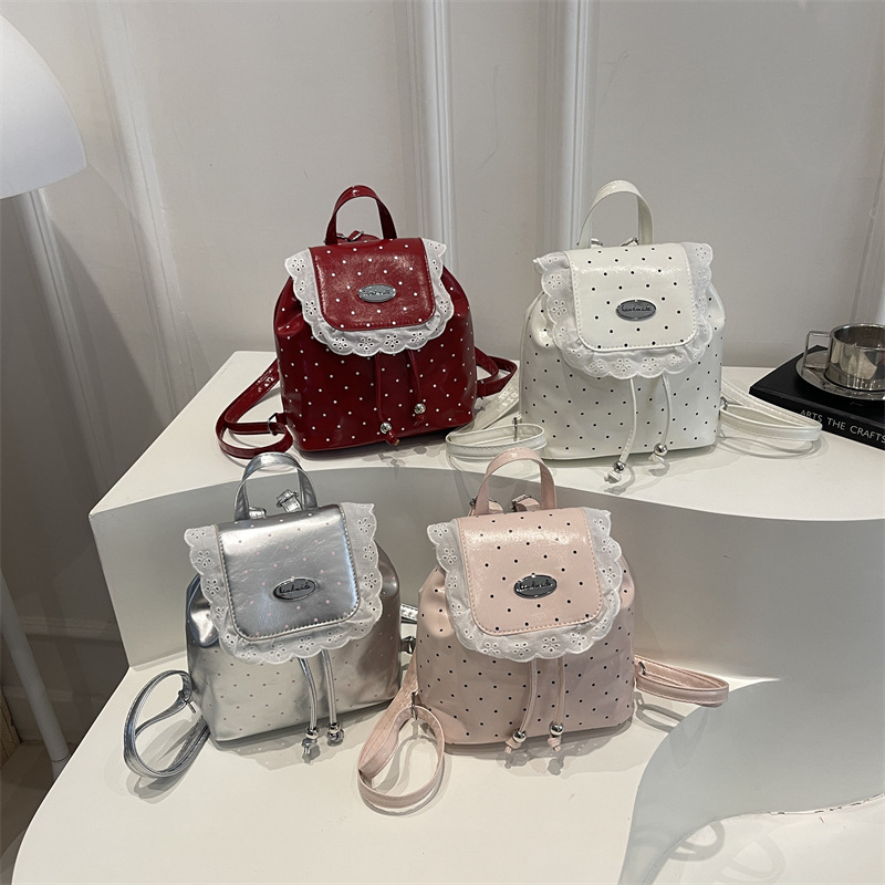 2026 verano nueva mochila de encaje de dama dulce coreana punto de onda ocio retro mochila pequeña