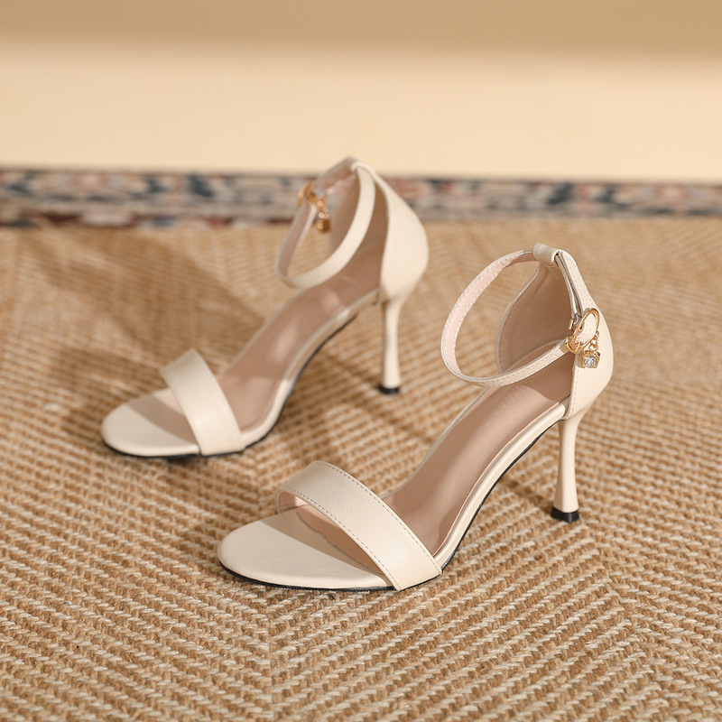 2024 Summer New Arrival High Heeled Sandals with One-character Buckle Large Size Plus Weight Widened Shallow Mouth Comfortable Women's Shoes Black Simple