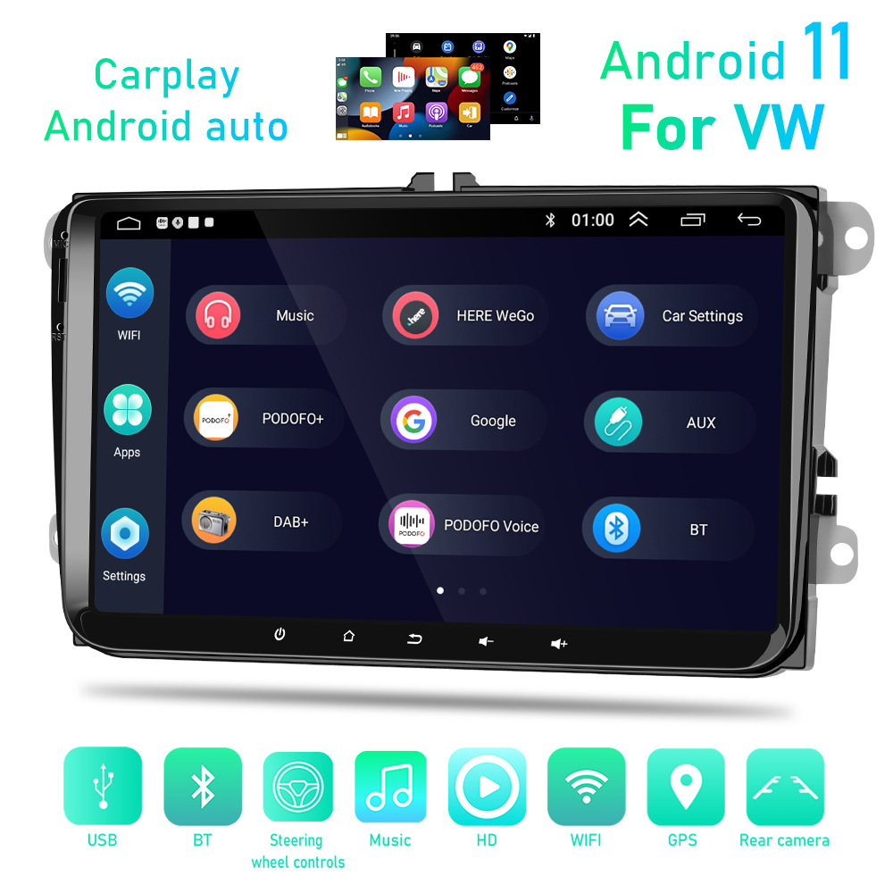 适用于9寸大众薄款安卓11系统车载多媒体导航仪倒车影像一体机