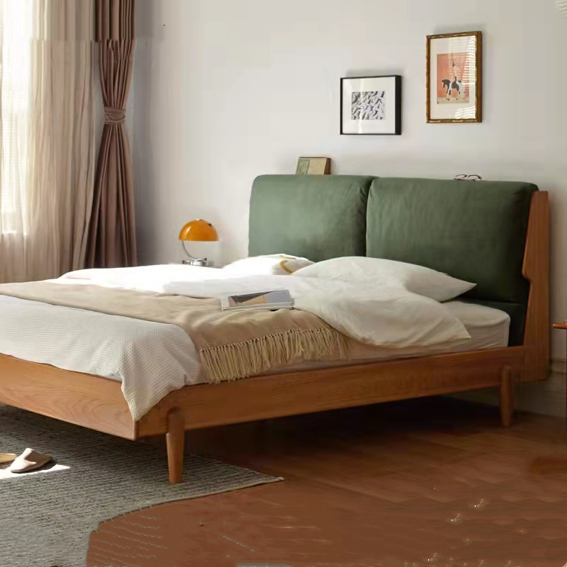 樱桃木全实木床复古樱桃木软靠包双人床北欧简约小户型主卧大床