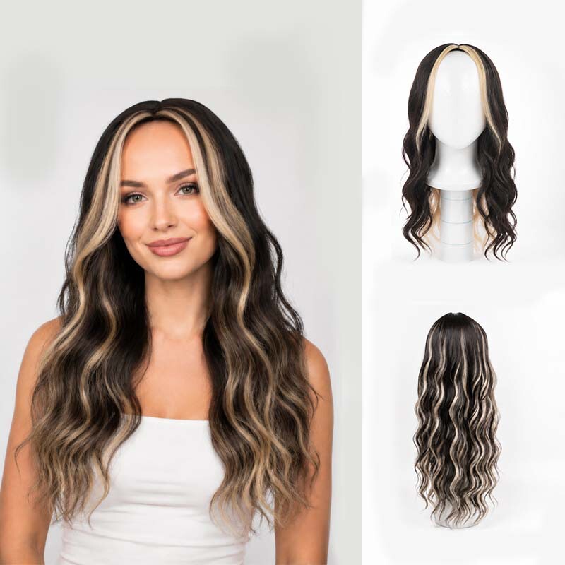 Foreign Trade Cross-Border Natural Realistic European and American Style Wigs 28inch Gradient Golden Long Wavy Wig Full Head Set with Middle Parting Foreign Trade Cross-Border Natural Realistic European and American Style Wigs 28inch Gradient Golden Long Wavy Wig Full Head Set with Middle Parting
