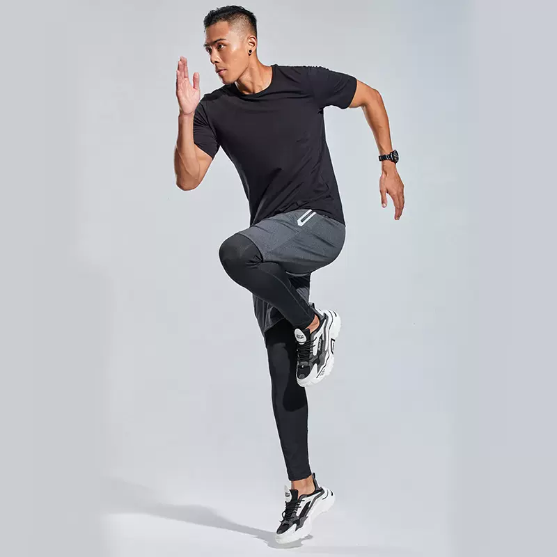 工厂批发运动假两件健身裤长内衬五分裤跑步紧身弹力训练男快干裤