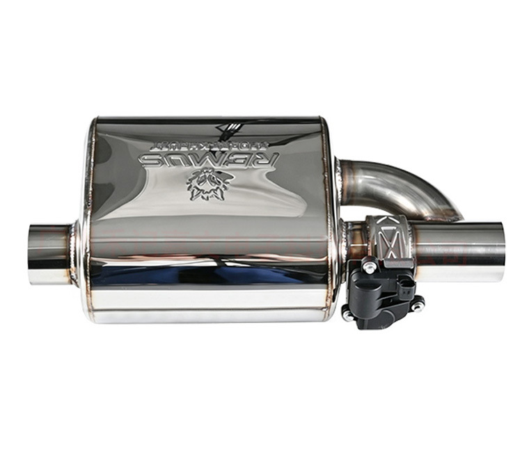 Car exhaust pipe modification with REMUS wolf logo, electric single inlet single outlet valve, upgraded variable sound for sports car