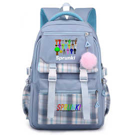 02节奏盒子印花青少年中小学生书包格子毛球女休闲轻便双肩背包