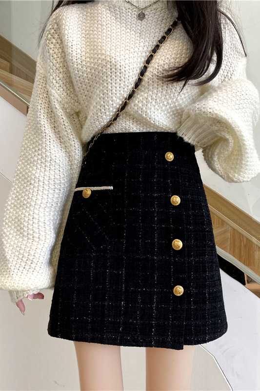 松紧腰小香风毛呢半身裙女秋冬款大码高腰不规则遮胯a字包臀短裙