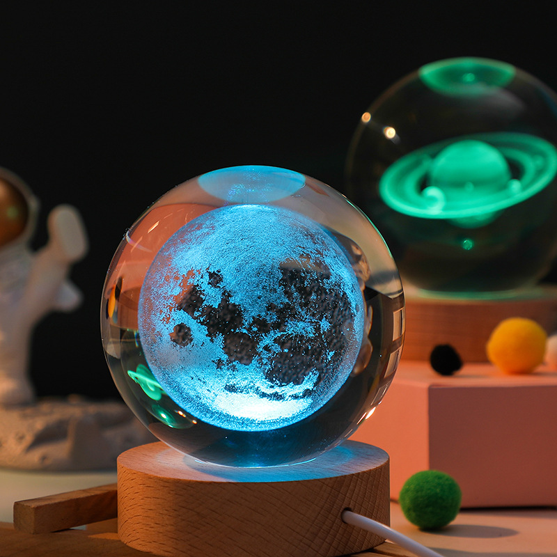 创意3D内雕水晶球桌面装饰礼品摆件七彩渐变木质圆底座发光小夜灯