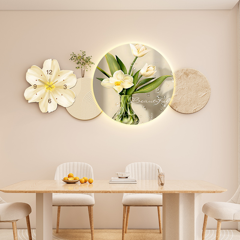 New Style Quiet Style Restaurant Decorative Painting with Watch Abstract Flower Mural Stone Laioru Sandstone Background Wall Hanging Painting