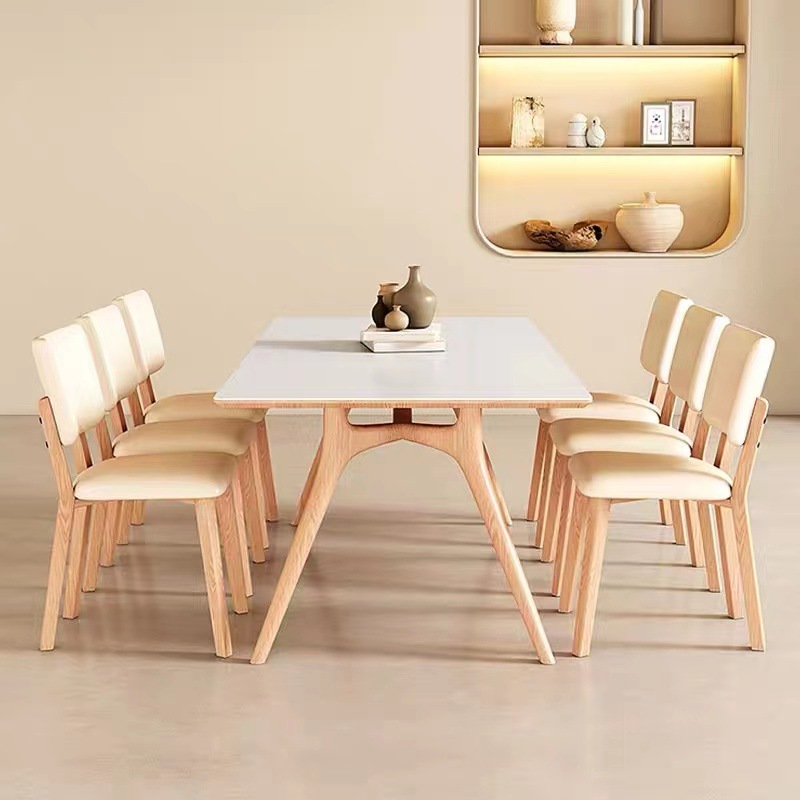 De estilo japonés de madera maciza Placa de roca mesa de comedor hogar pequeño apartamento rectangular mesa de comedor moderna simple de madera maciza pura Mesa blanca y silla combinación