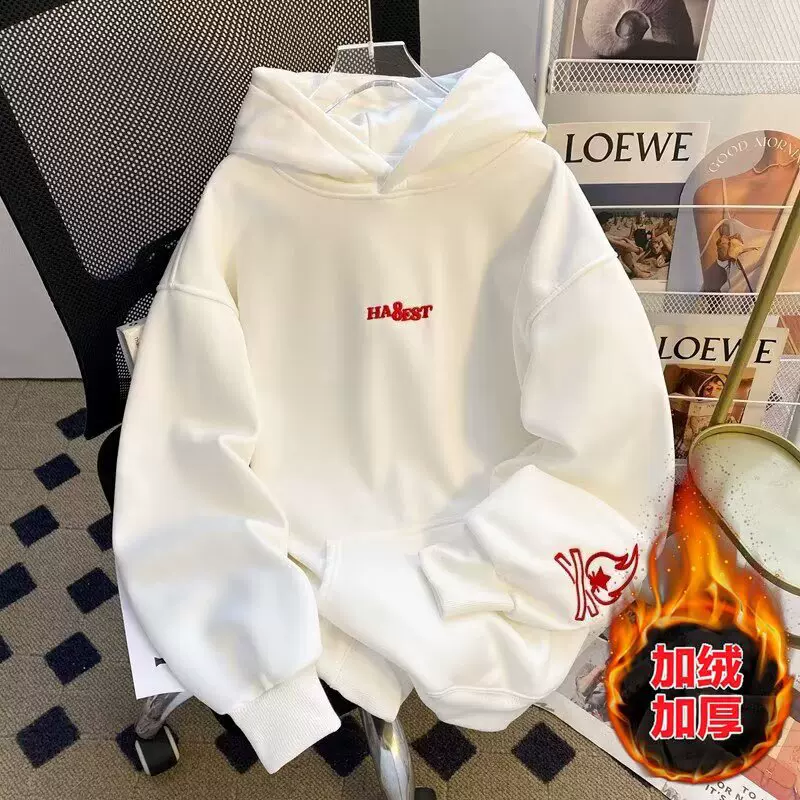 跨境美式复古潮牌卫衣男百搭宽松连帽外套男新款重磅简约卫衣男