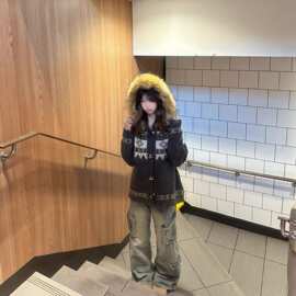 新款秋冬季加厚撞色费尔岛提花可拆卸毛领针织衫设计感毛衣外套冬
