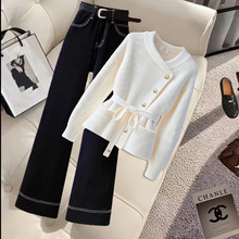 2025高贵两件套时尚女装法式慵懒风减龄白毛衣女百搭休闲阔腿裤