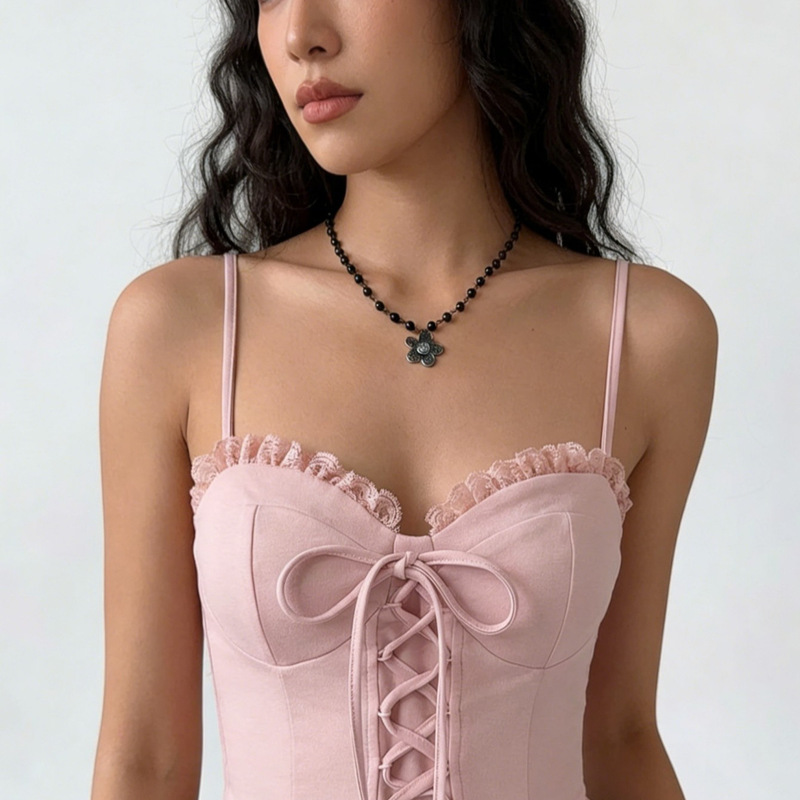 Summer New Style Pink Lace Camisole, Sweet and Spicy Style Waist-Cinching Short Vest, Foreign Trade Women's Clothing Wholesale from Guangzhou Manufacturer