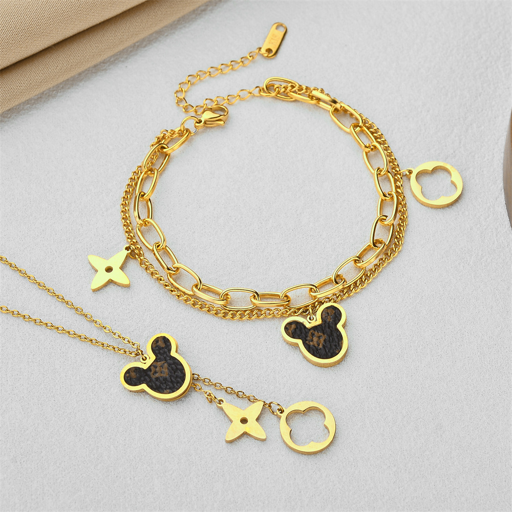 Collar de acero de titanio suministro transfronterizo doble capa de acero de titanio pulsera de acero inoxidable orejas ligeras lujosas collar de collar no desvanecido