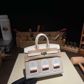 全手工缝制BK20cm铂金包立体白房子包拼接原厂美洲鳄鱼皮手提女包