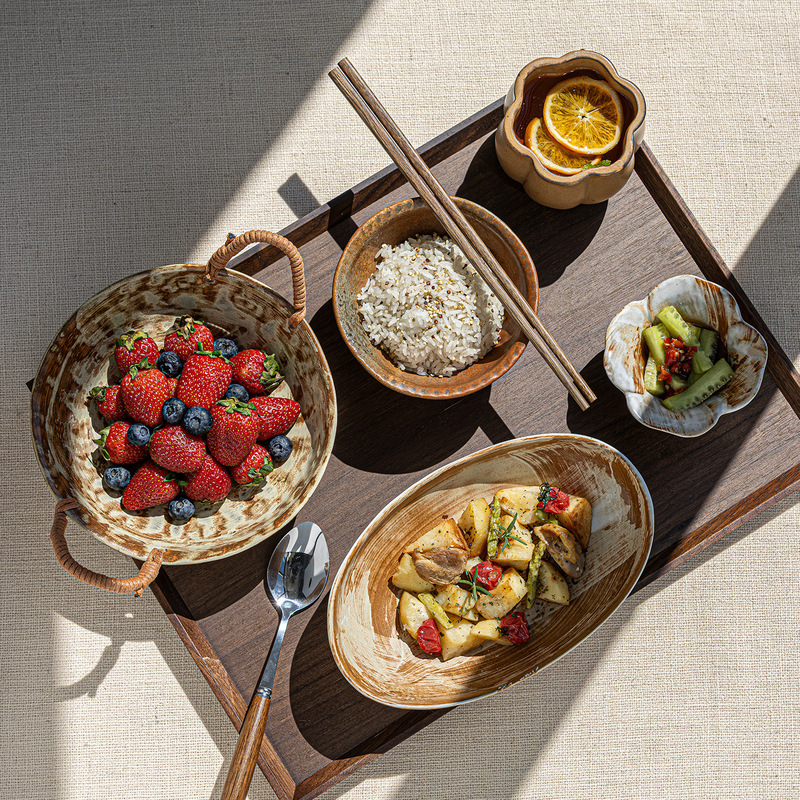 Exquisite single-person dining set, rustic ceramic tableware, Japanese-style woven vegetable bowl, dipping sauce dish, household ceramic bowls, plates, and cups wholesale Exquisite single-person dining set, rustic ceramic tableware, Japanese-style woven vegetable bowl, dipping sauce dish, household ceramic bowls, plates, and cups wholesale