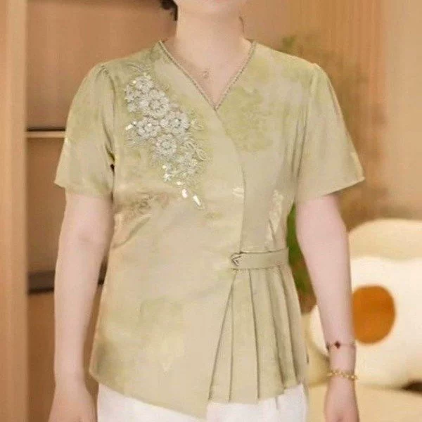 Новые топы с короткими рукавами в китайском стиле ко Дню матери, модные и уменьшающие возраст для мам среднего возраста 50 лет.