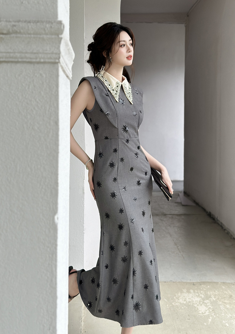 Váy đuôi cá cổ búp bê thắt eo đính sequin cho nữ — màu xám chi tiết 7