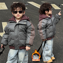 男童冬季假两件羽绒服连帽外套2025冬季新款洋气儿童加厚保暖棉服