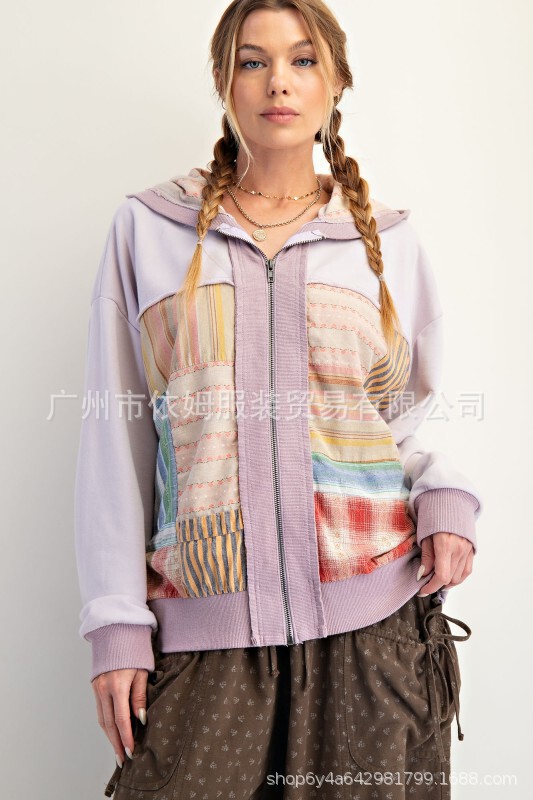 Amazon 25 秋冬新作クロスボーダーヨーロッパとアメリカの服フード付きスプライシングプリントカーディガンジャケットルーズカジュアルトップ|undefined