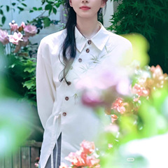 刘诗诗同款新中式白色翻领衬衫竹子印花国风斜襟盘扣系带上衣秋
