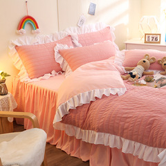 New Korean style floral solid color four-piece set edge girl heart bubble gauze bed skirt water-washed cotton bedding 