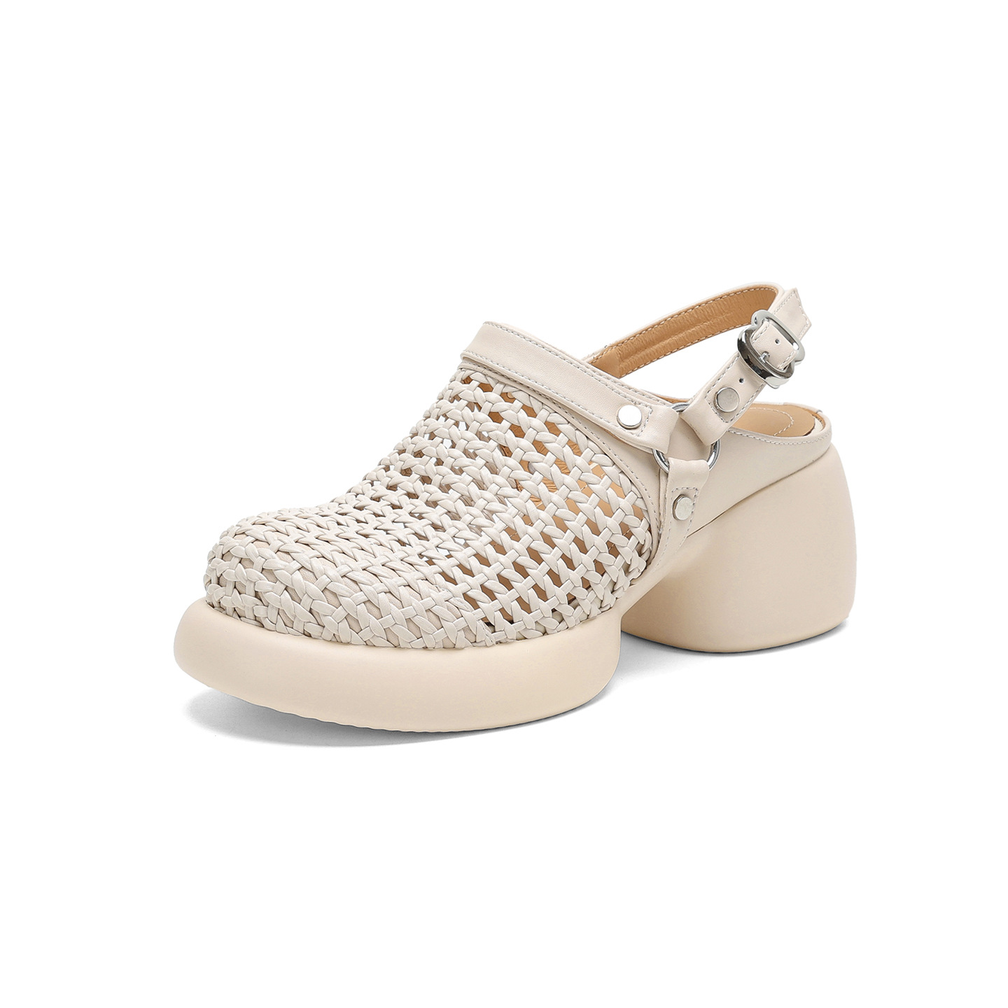 Sandal cao gót nữ mũi hở đế dày gót 6 cm phong cách dệt — đen