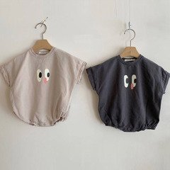 Ins Korean Summer Outfit for Infants and Toddlers, Cotton Short-Sleeve Triangular Crawling Suit for Baby Boys and Girls, Cartoon Onesie with Diaper