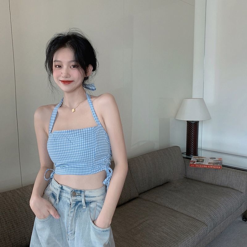 吊带设计感小众外穿女春季格子显瘦打底上衣短款女士内搭抹胸背心|undefined