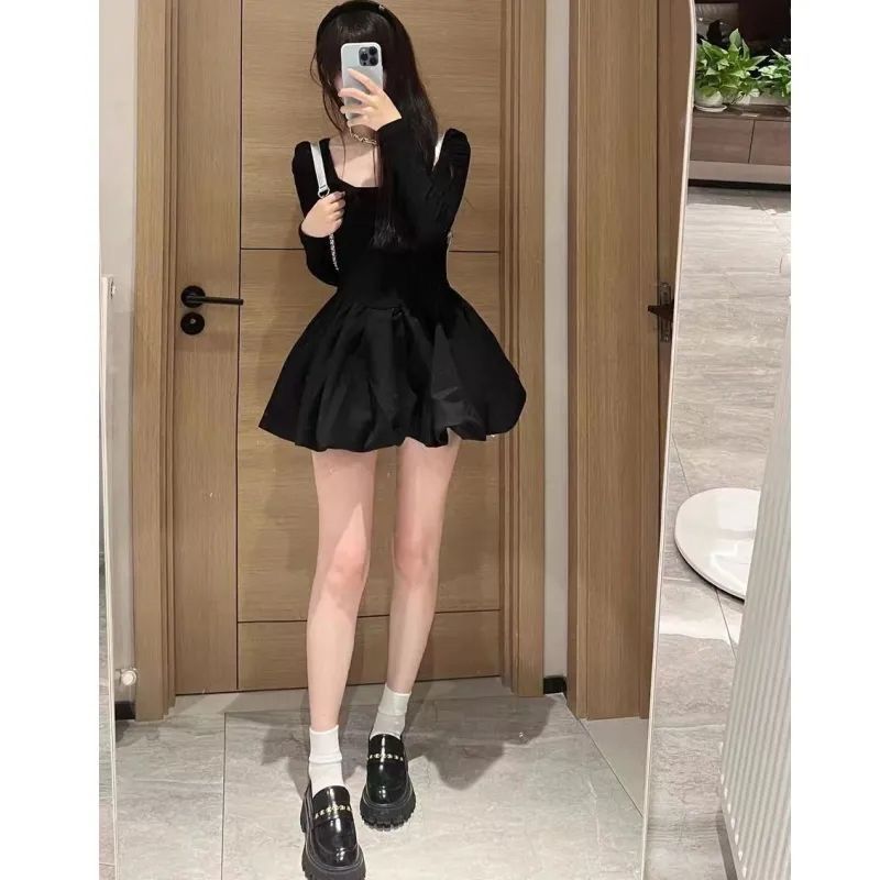 2025 Spring and Autumn New Style Small Fragrance Style Waist Long Sleeve Dress Black Princess Skirt Puff Mini Skirt for Women