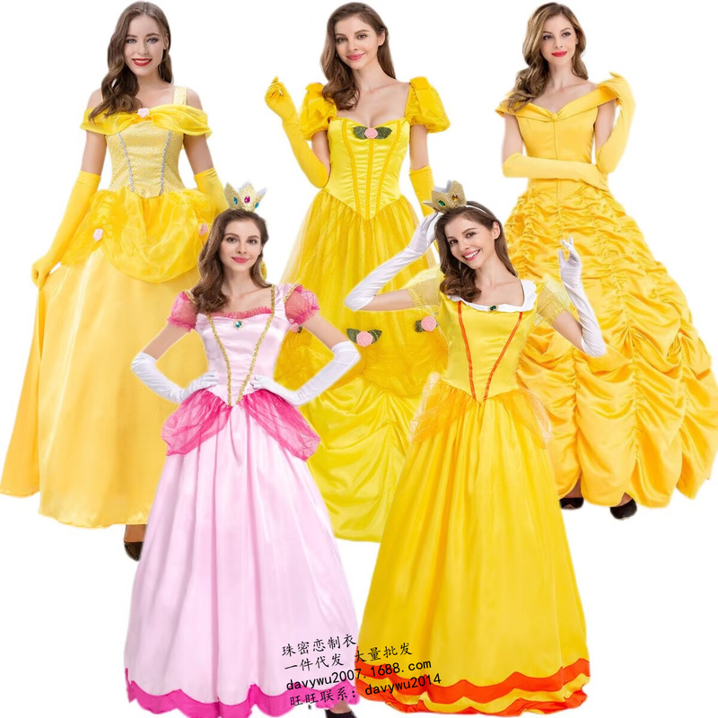 Halloween Golden Princess Dress Fairy Tale Belle Costume Mario Peach Princess Outfit Party Queen Dress Halloween Golden Princess Dress Fairy Tale Belle Costume Mario Peach Princess Outfit Party Queen Dress