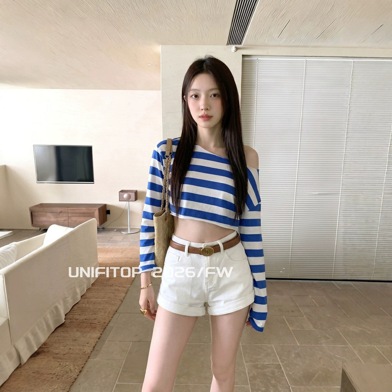 Vacation'Jeju Sea Breeze' Blue and White Striped Long-Sleeve T-Shirt for Women, New Summer Design with a Stylish One-Shoulder Slim-Fit Crop Top Vacation'Jeju Sea Breeze' Blue and White Striped Long-Sleeve T-Shirt for Women, New Summer Design with a Stylish One-Shoulder Slim-Fit Crop Top