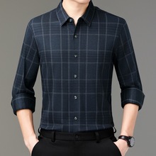 2025秋季中青年男士长袖羊毛衬衫商务休闲格子宽松保暖衬衣男大码