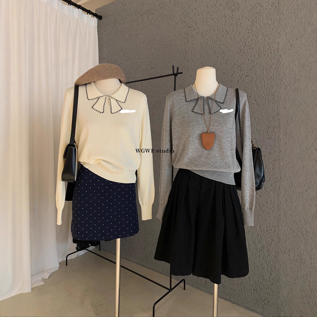 WGWE7822学院风翻领针织衫女休闲内搭打底长袖上衣