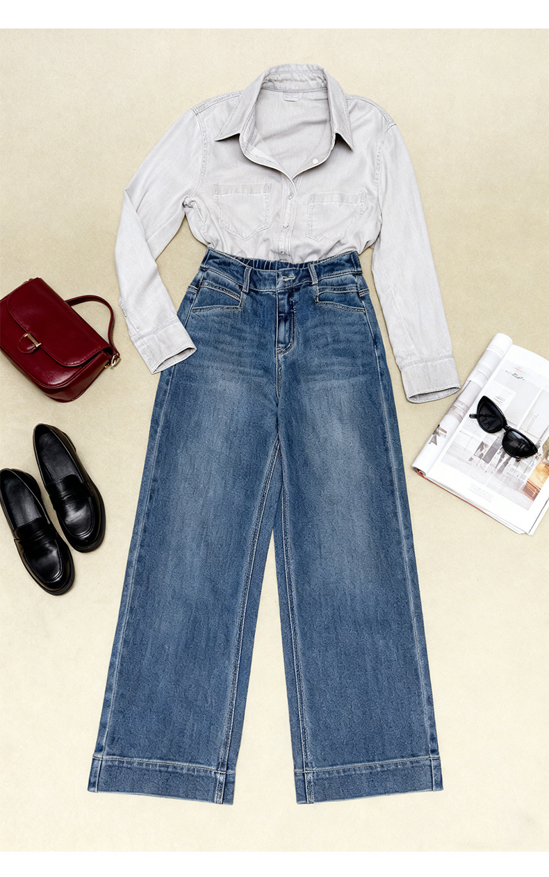 Quần jean nữ ống rộng cạp cao 9 phân, dáng suông slim fit, chất vải chống thấm — màu xanh nhạt chi tiết 12