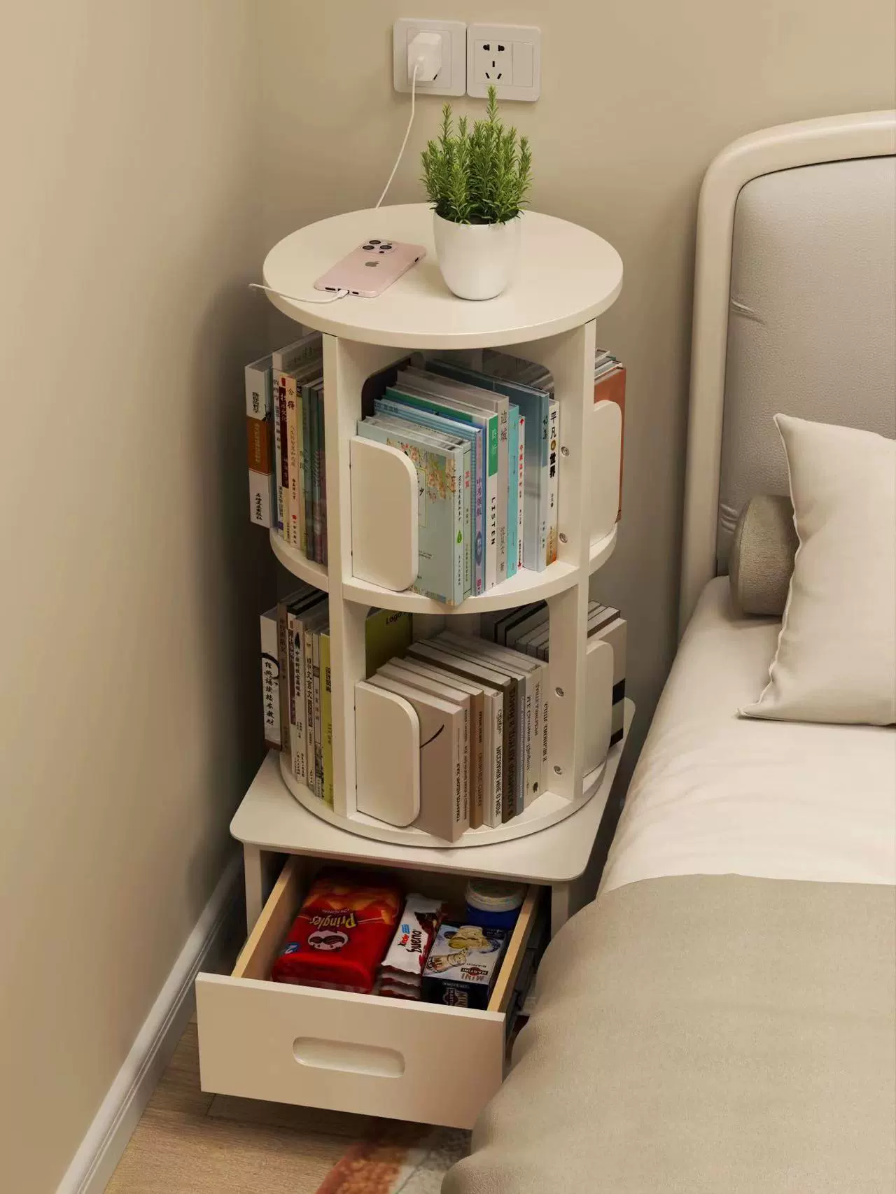 Вращающаяся книжная полка, книжный шкаф на 360 градусов, простая полка для хранения книг с картинками, прикроватная тумбочка для спальни, декоративный напольный шкаф для чтения