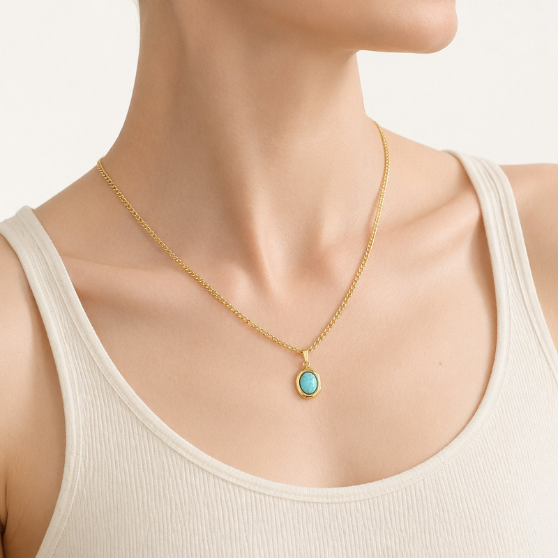 Stainless Steel Turquoise Pendant Necklace, Fashionable and Versatile, Minimalist Style, Light Luxury, Non-Fading Jewelry, Turquoise