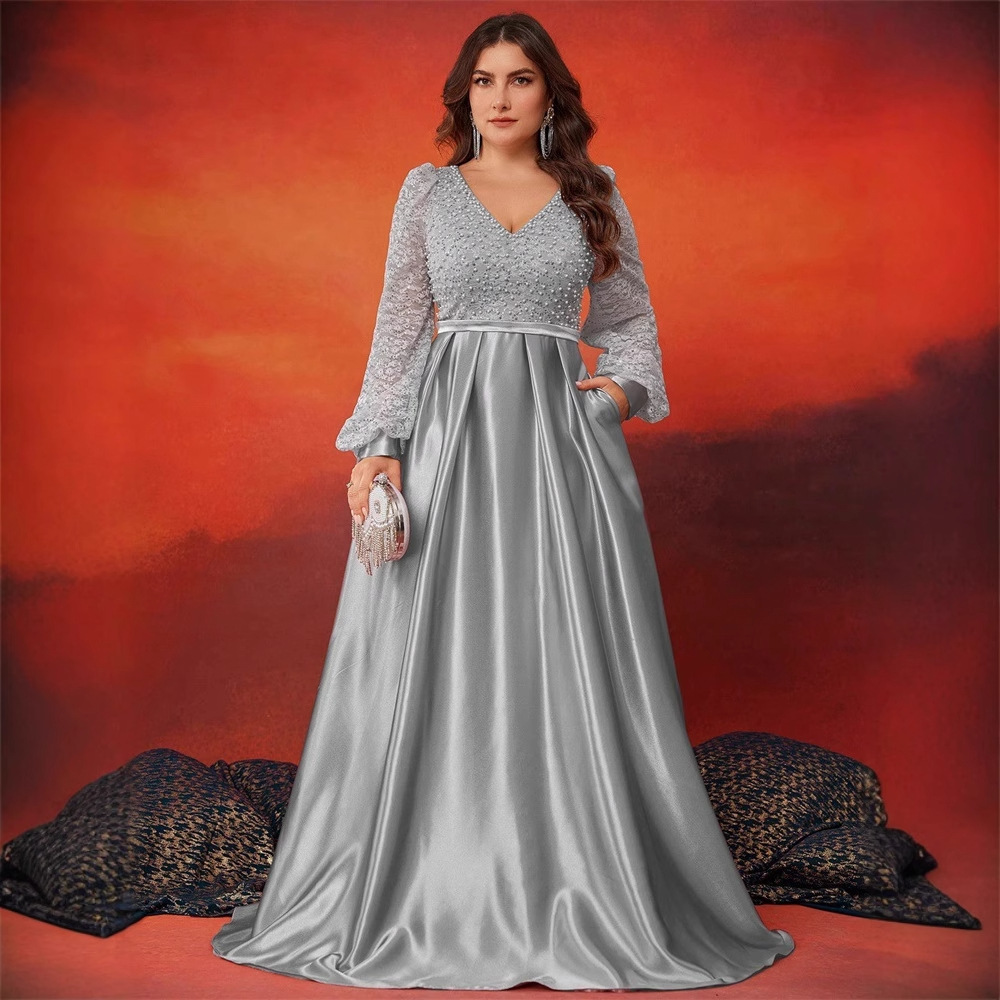 European and American plus size Beaded Stitching Satin Long Sleeve V-Neck Large A- pendulum Ladies Elegant Dinner Ball Dress dress