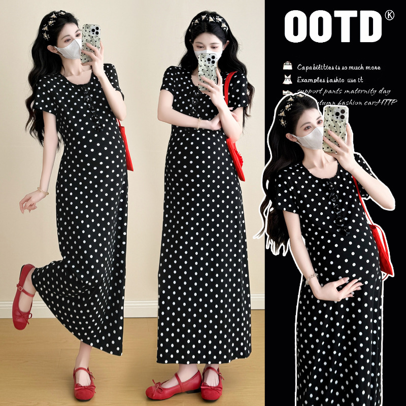 Maternity Summer Dress 2026 New Style High-End French Polka Dot Long Dress Hong Kong Style Trendy Mom Dress Maternity Summer Dress 2026 New Style High-End French Polka Dot Long Dress Hong Kong Style Trendy Mom Dress