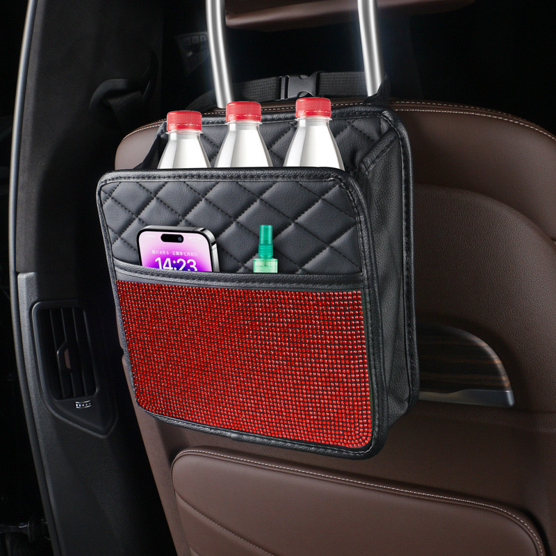 Bolsa de almacenamiento trasera de asiento de diamante de automóvil transfronterizo, bolsa colgante, caja de almacenamiento multifuncional, bolsa trasera de asiento de diamante montada en automóvil