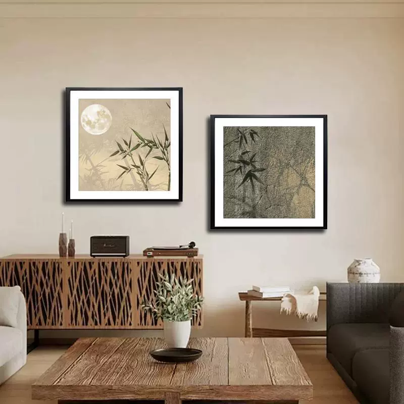 Современная китайская двухпанельная картина, постепенно растущая, декоративная картина на фоне гостиной, деревянная рамка, фреска для спальни, бамбуковые листья 4040