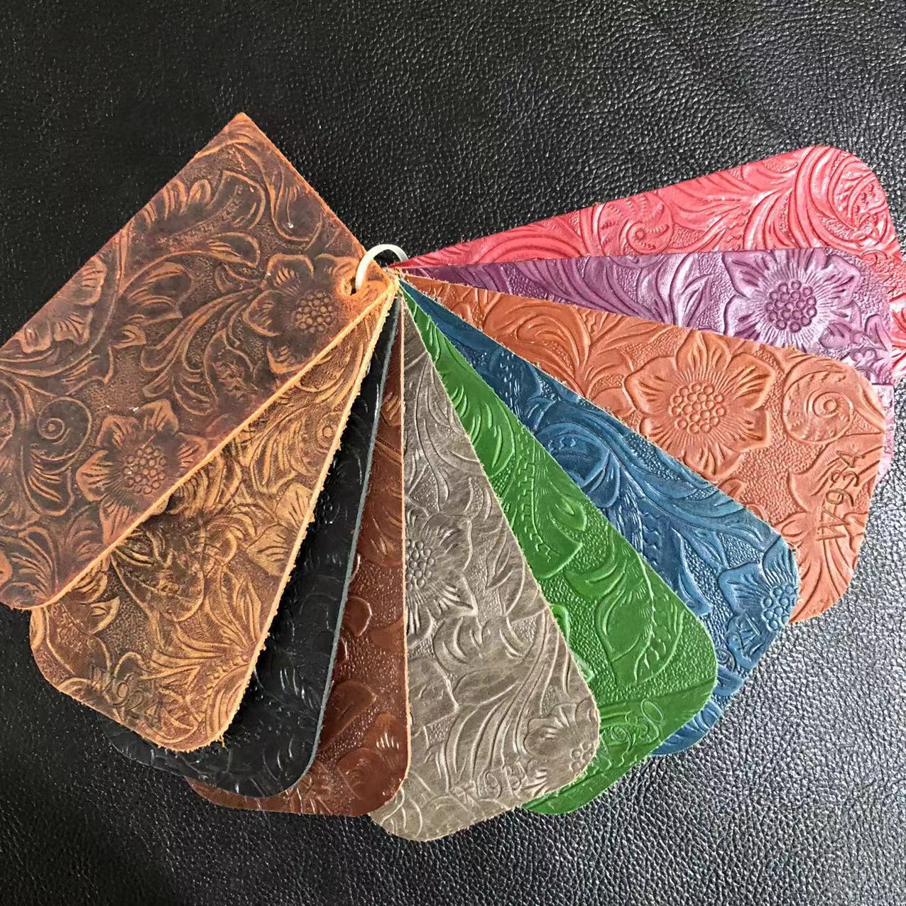 工厂批发头层油蜡虫草花牛皮 皮具包包用变色皮压花牛皮复古