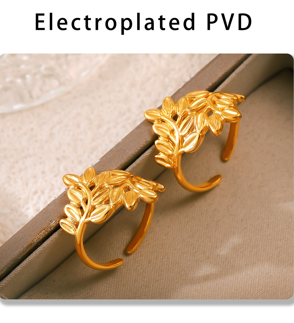 Anello aperto in acciaio inossidabile con linea cava, alla moda, non sbiadisce, bracciale con anello da donna con foglia di temperamento_voghion.com