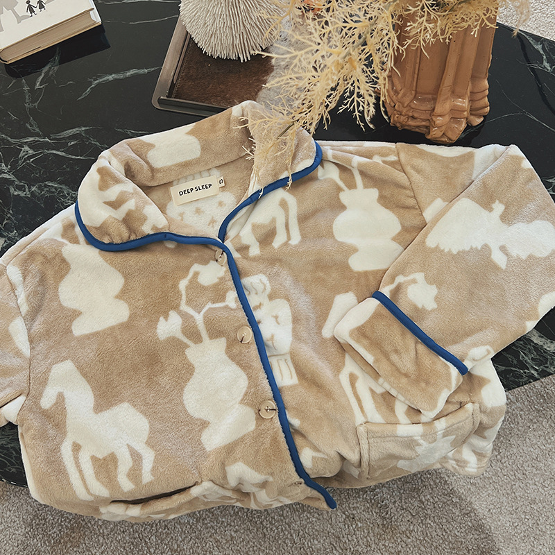 野家同款卡其剪影法兰绒加厚情侣家居服柔软舒适居家睡衣套装秋冬