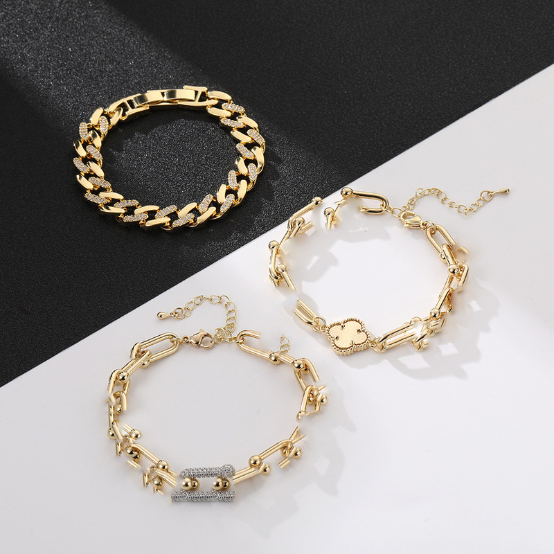 Tidi U-Shaped Horseshoe Buckle Bracelet for Men, Punk Creative Hip-Hop Cuban Chain Bracelet, Four-Leaf Clover Cross-Border Popular Hand Accessory