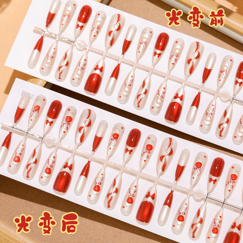 [Light Variant] Medium and Long Almond Armor Cat's Eye Wear Red Wine Glass False Nails Shaking in Chinese Style