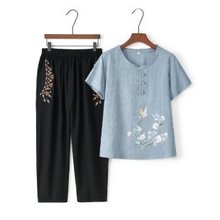 小个子妈妈夏装套装棉麻短袖T恤2025新款婆婆上衣中老年女装纯棉